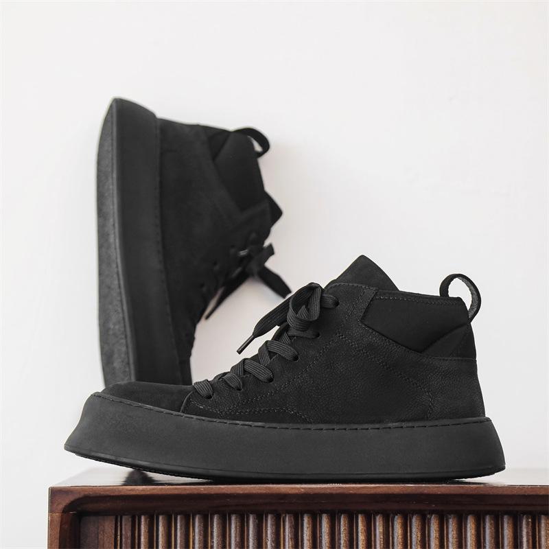 Men's Japanese Velvet High-Top Sneakers: 2023 Autumn/Winter Genuine Leather, Thick-Soled, Wear-Resistant Martin Boots for Outdoor Casual Wear.
