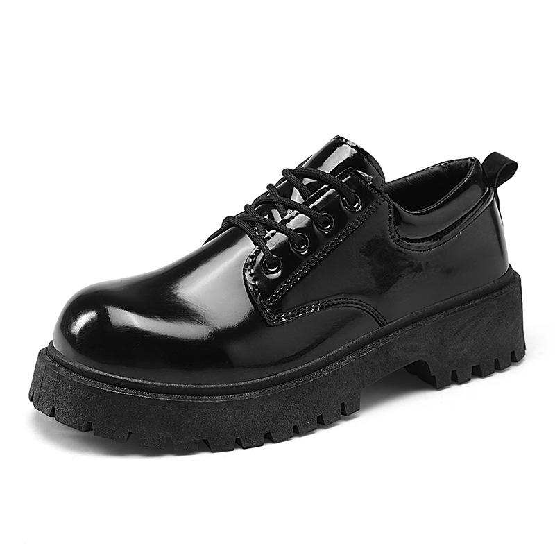 Autumn new black round head low-top dress work casual leather shoes thick sole heightening glossy British style men's leather shoes