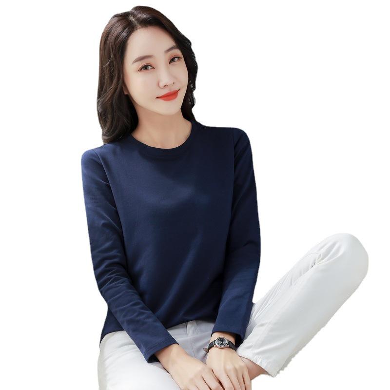 2024 Spring & Autumn Women's Long Sleeve Round Neck T-shirt - Korean Style Casual Solid Color Base Layer