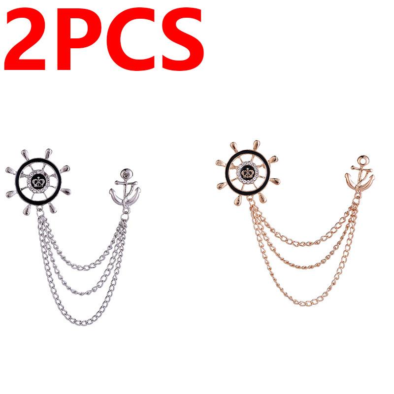 1PCS Rudder Anchor Brooches Luxulry Fashion Men Tassel Chain Zircon Suit Shirt Badge Brooches Jewelry Accessories Gifts
