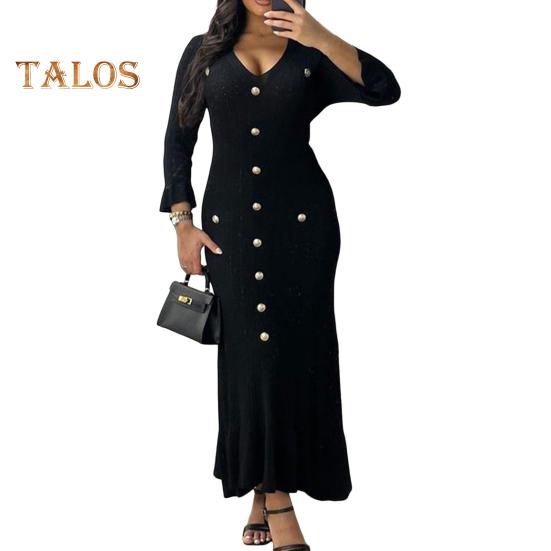 Spring Fall Women Dress Button Decor V Neck Knitted Long Sleeves Slim Fit Patchwork Fishtail Hem Solid Color Stretchy Maxi Dress