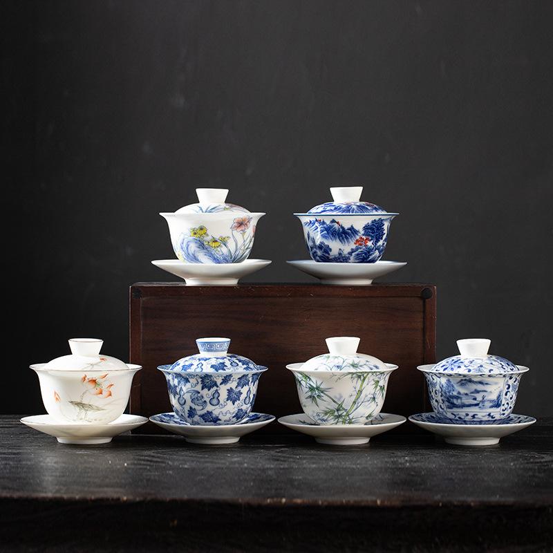 Jingdezhen Ercai Gaiwan Blue And White Porcelain Hand-Painted Fulu Picture Tea Bowl Single High-End Ceramic Glaze Kung Fu Tea Cup