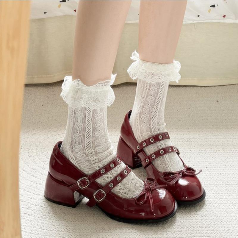 Fashion French Vintage Block Heel  Jane High Heels 2025 New Spring and Autumn Shallow Bow with Skirt Small Leather Shoes