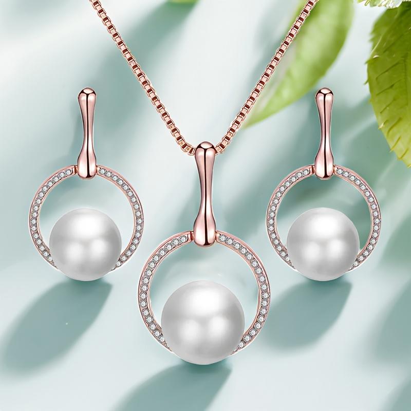 Round Imitation Pearl Pendant Necklace and Earrings Jewelry Set with Rhinestones, Birthday and Holiday Accessory Gift