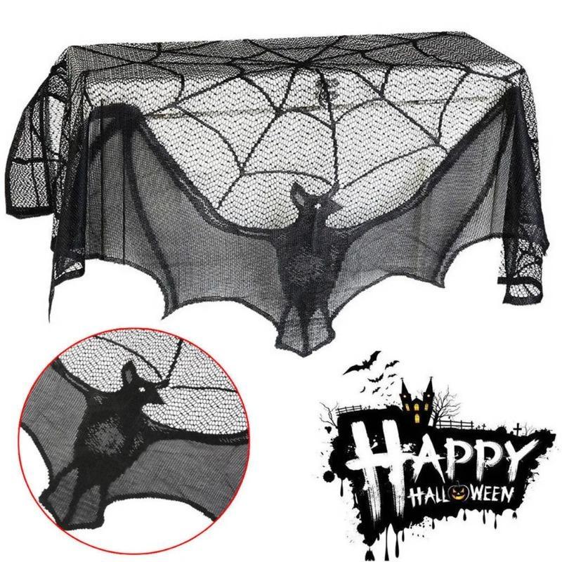 Halloween Lace Curtain Gothic Bat Tablecloth Fireplace Scarf Window Cover For Party Home Decoration Cobweb Halloween Wholesal