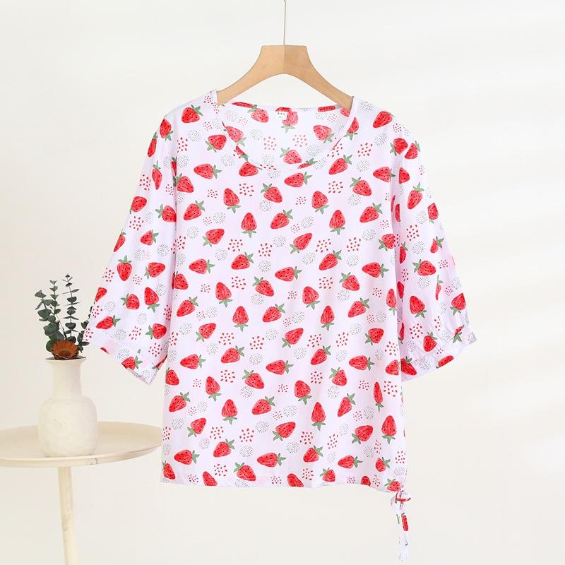 Mid-sleeved T-shirt, Sweet Floral Print, Stylish Drawstring Top, Summer Thin Plus-size Pullover