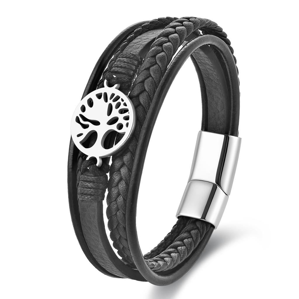Black Leather Rope Cowhide Men's Double Layer Leather Braided Bracelet Wisdom Tree Layer Leather Bracelet