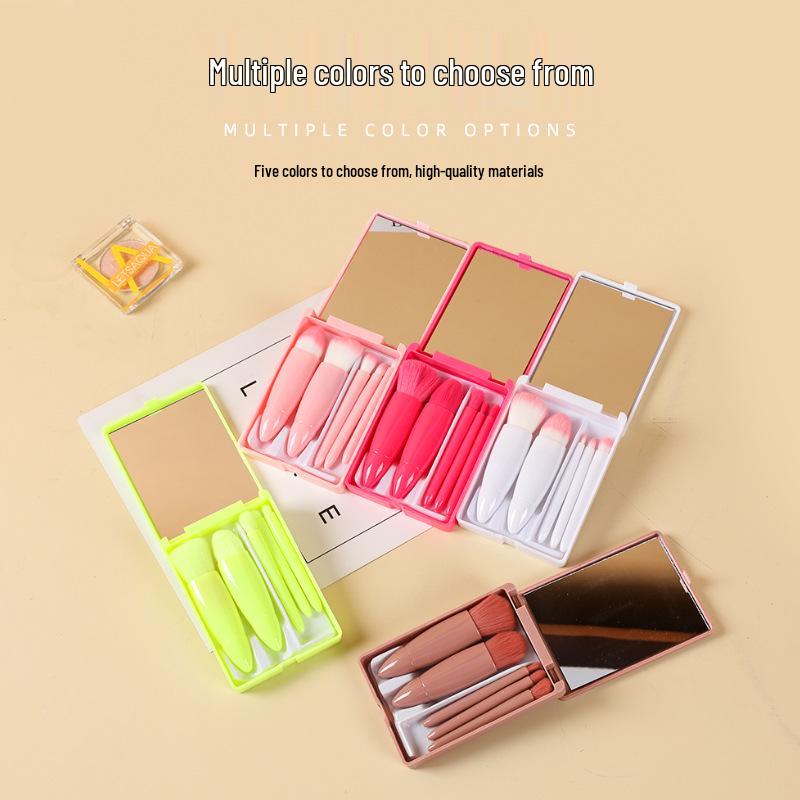 Compact 5-Piece Travel Brush Set with Mirror: Powder, Foundation, Eyeshadow Brushes & Makeup Tools