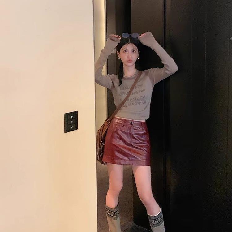 Burgundy PU Leather High Waist A-Line Skirt - 2024 Autumn/Winter Slim Fit