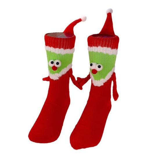 1 Pair Christmas Couple Socks Magnetic Hands Cartoon Deer Snowman Design Long Socks Soft Breathable Xmas Socks