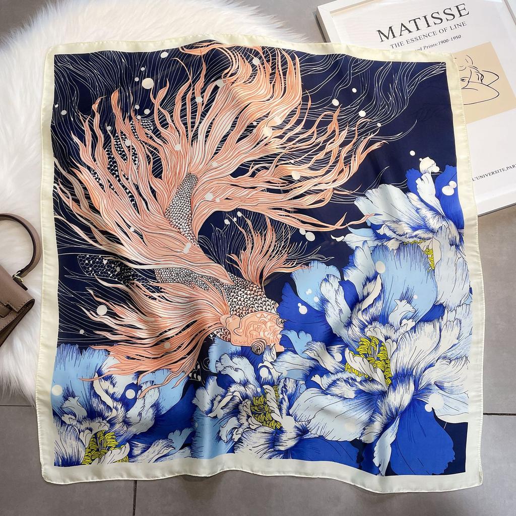 Koi Peony Silk Scarf Mom Scarf Small Square Scarf 71cm Simulation Silk Wealth Shawl Decoration Sunscreen Scarf Headscarf