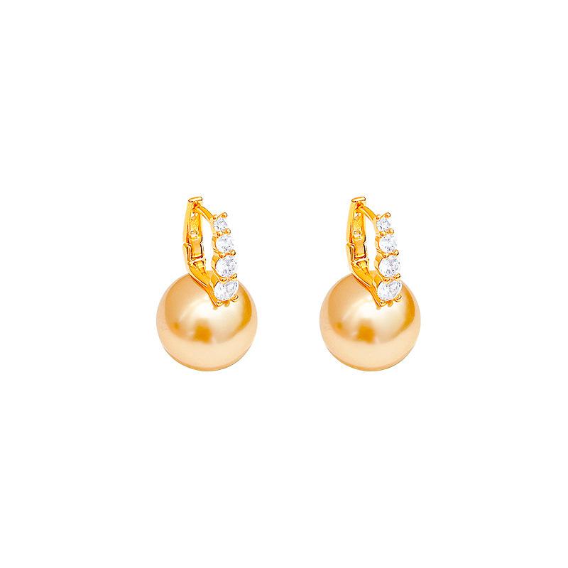 Real gold electroplated A-grade zircon natural pearl stud earrings high-end light luxury champagne color popular fashion commuter ear buckles