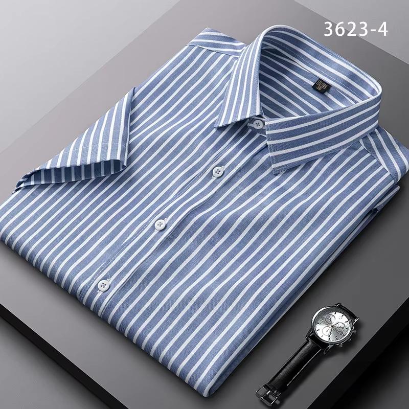 Summer Striped Short Sleeve Shirts for Men Thin Elatic Social Slim Fit Formal Shirt Business Class Fit Casual Easy-care Clothes