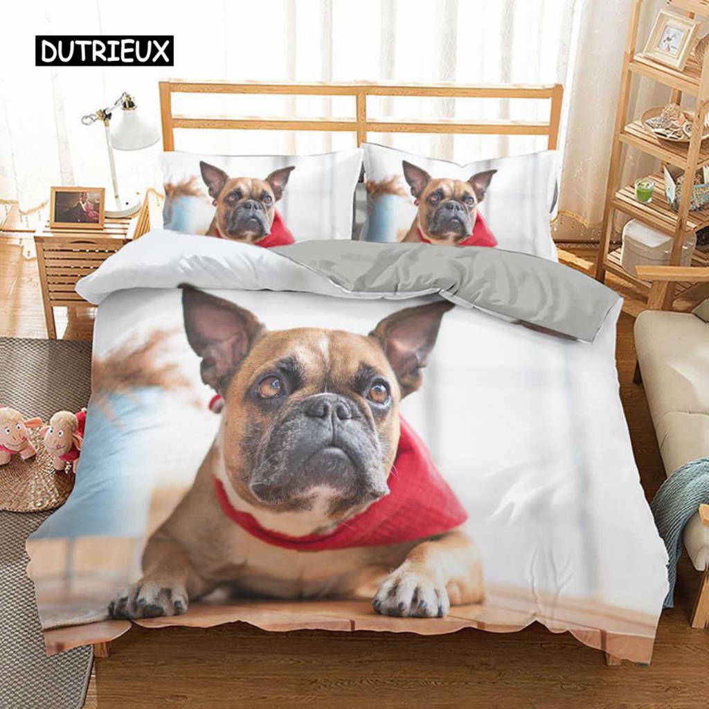 Sett med dynetrekk for fransk bulldog, King size, Søt valp, Dyretema, Sengetøy for barn og tenåringer, Polyester, 2/3 deler, Mykt dynetrekk