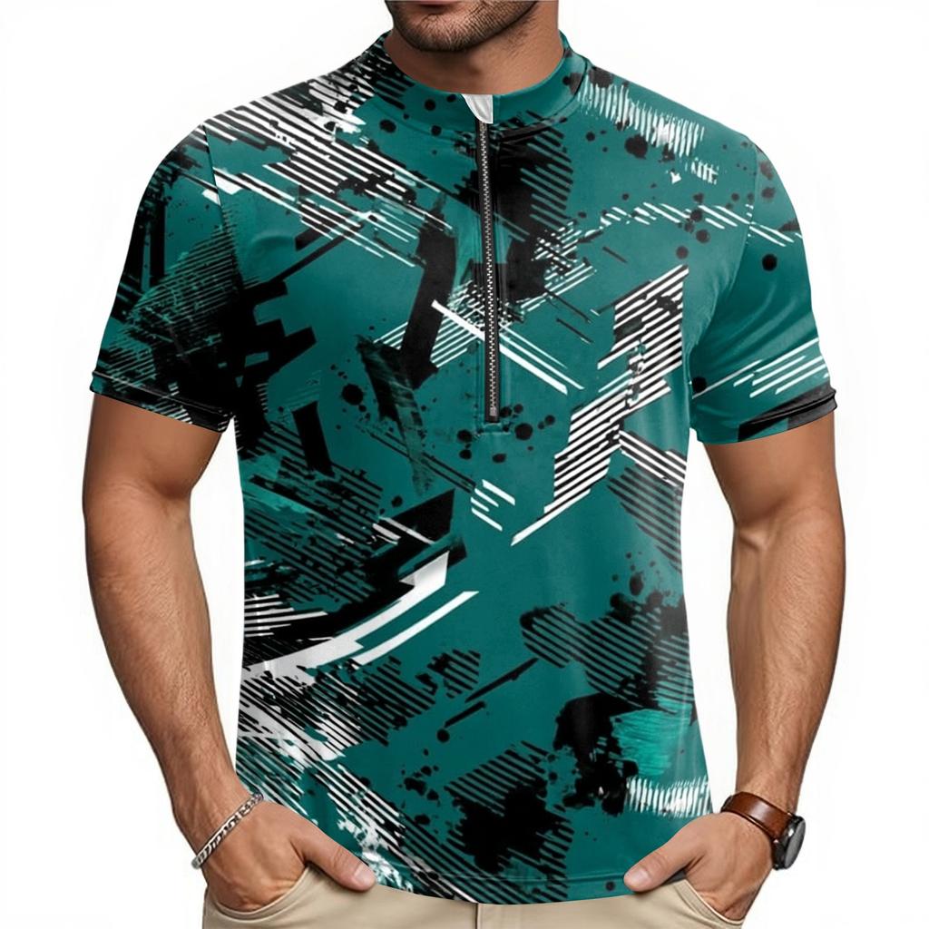 Men's Short Sleeve Cycling Jersey Breathable Quick Dry Half Zip Round Neck Printed Sports Shirt Lightweight Performance Top for Biking