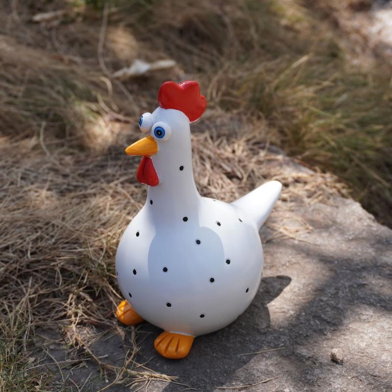 Cute Large-Eyed Polka Dot Rooster Resin Figurine Chicken Statue Indoor Outdoor Garden Decor Creative Ornament Festival Gifts