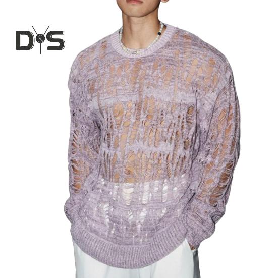 Pánské topy s kulatým výstřihem, s dlouhým rukávem, pletené tričko, pánské oblečení, retro, duté, síťované pletené topy, jarní streetové oblečení