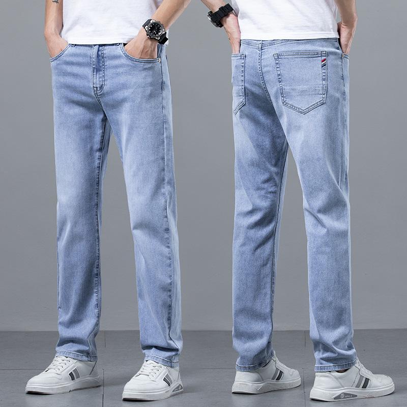 Summer Thin Washed Light Colored Jeans For Men With Stretch, Slim Fit, Straight Leg, Casual, Versatile, Slimming And Long Pants
