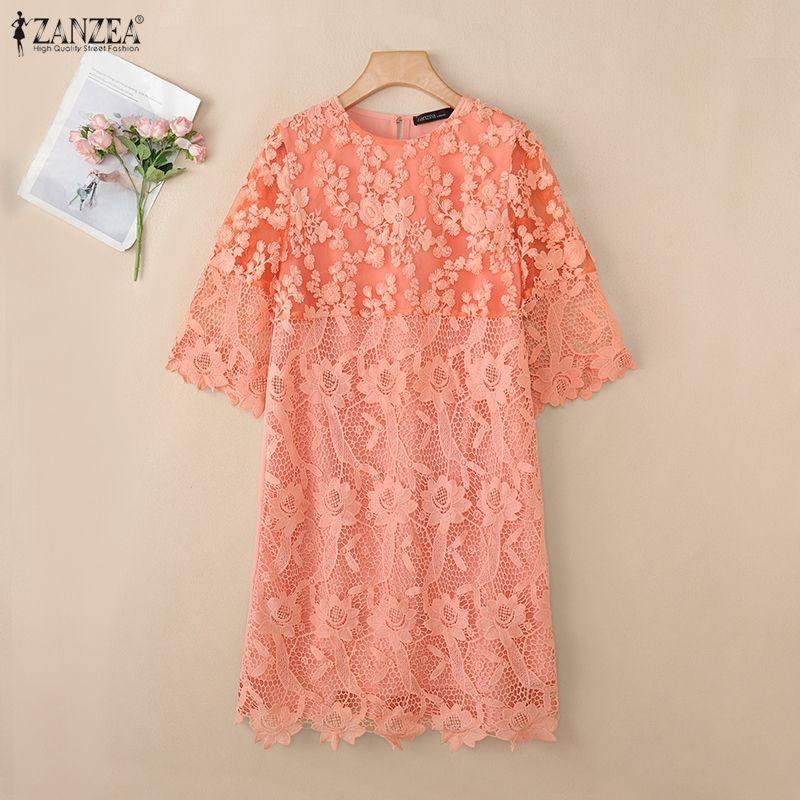 ZANZEA Vestido Casual Feminino com Gola Redonda, Manga 3/4 e Patchwork de Renda