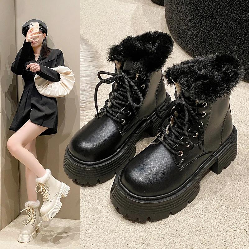 2025 Winter Fluffy White Fur Women Short Snow Boots Plush Warm Platform Booties Comfort Square Heel Ladies Shoes
