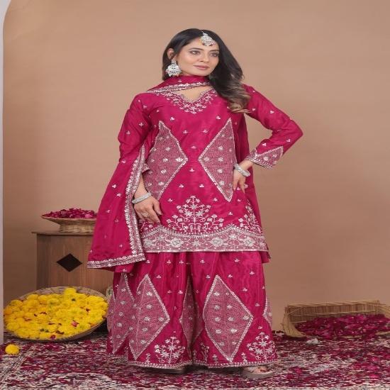 Deep Wine Pink Embroidered Silk Sharara Suit Set with Dupatta S