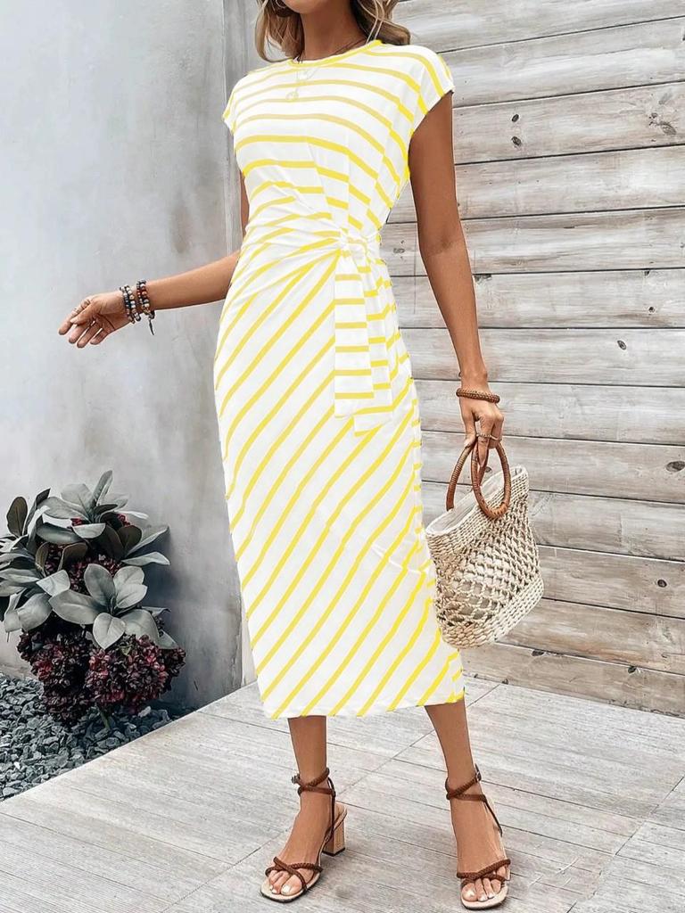 2025 Elegant Striped Short Sleeve Round Neck Waist Tie Summer Dress for Women