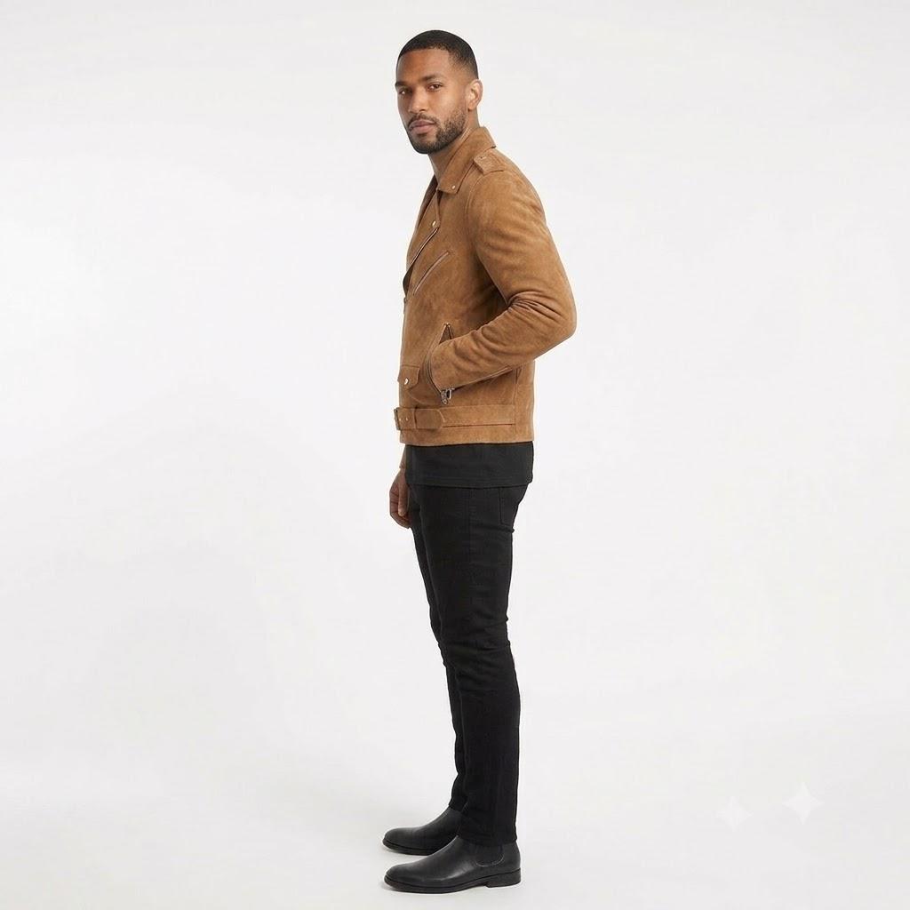 Men's Suede Genuine Pure Lambskin Leather Jacket Fit Stylish Tan Biker Handmade