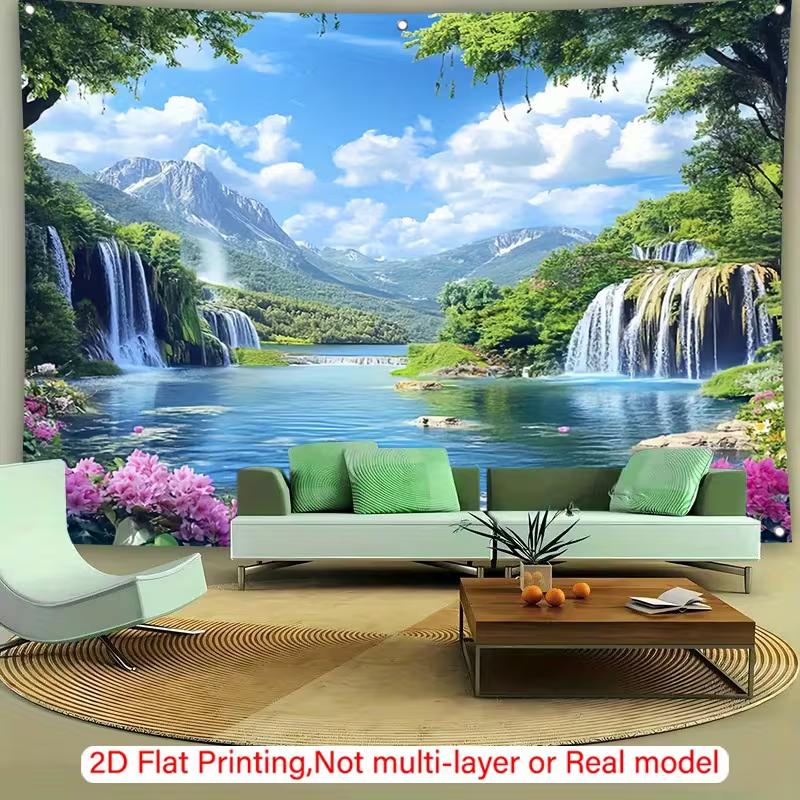 Waterfall Lake Tapestry Wall Hanging, Green Mountain Forest & Pink Flower Nature Landscape Wall Art for Home Decor