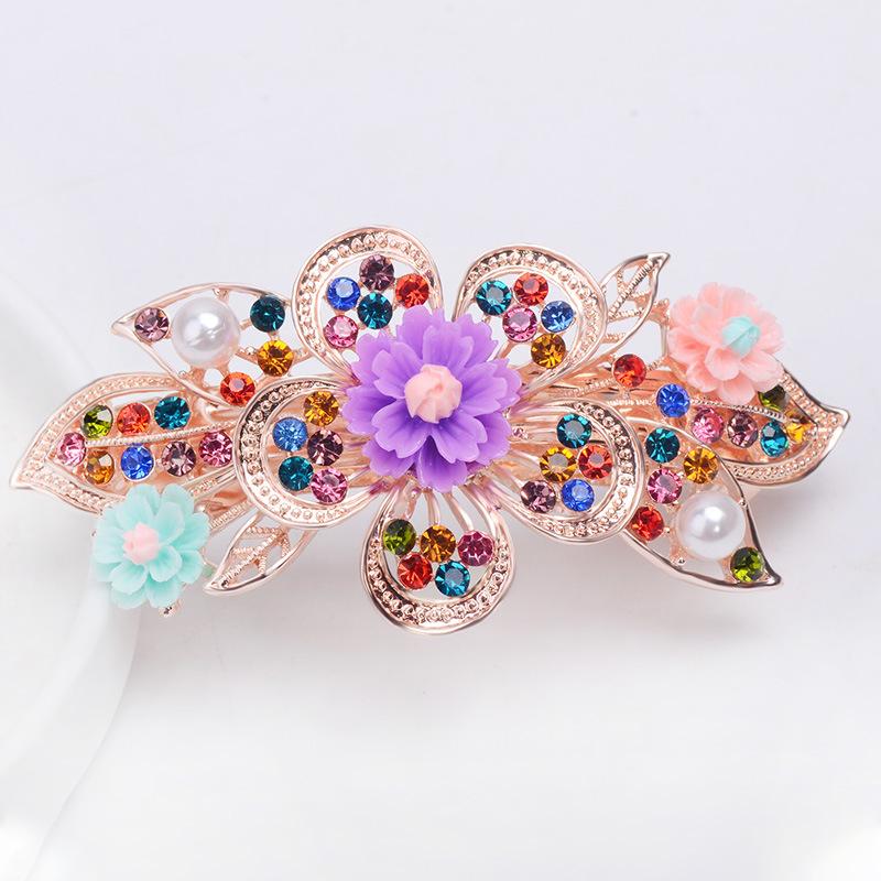 Clip de Primavera de Circonita Blanca Flor de Pedrería Brillante Clip Superior Clip Horizontal Elegante Adorno para el Cabello de Moda para Madres