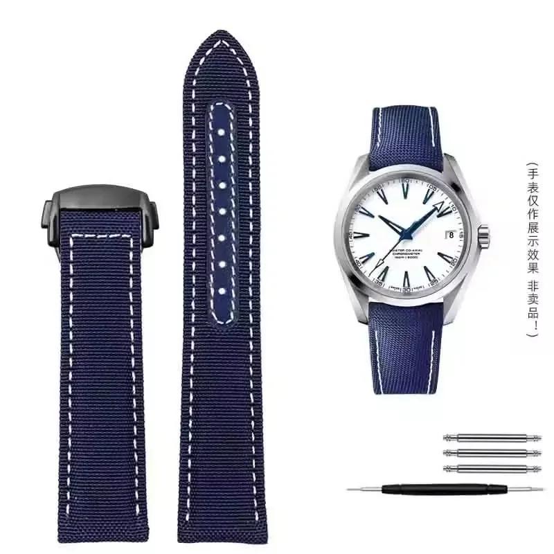 Woven Canvas Watch Strap For Omega Seamaster 300 AT150 Fabric Leather Nylon AQUA TERRA 150 Blue Black Watchband 19mm 20mm