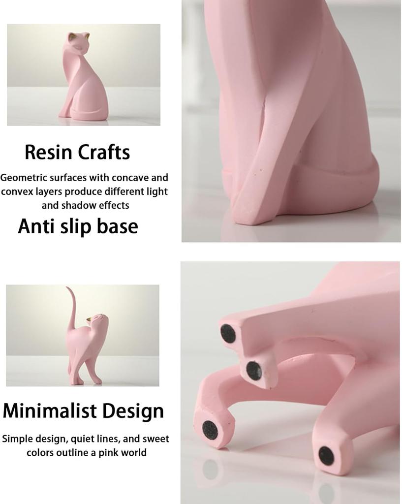 2pcs Pink Cat Statue Geometric Cat Sculpture Animal Statue Art Figurine Modern Home Decorations Animal Figurine Resin Sculpture for Home Office Gift