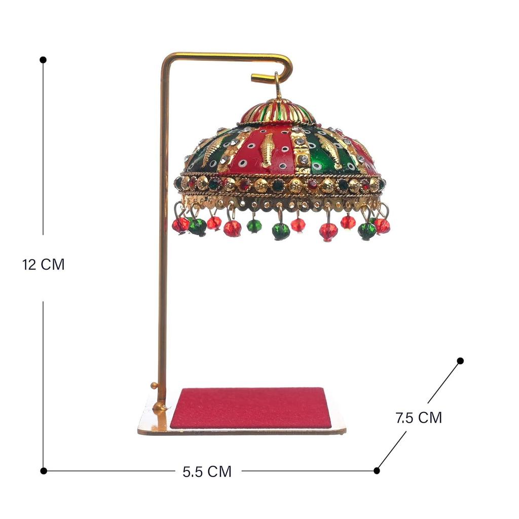 Metal Umbrella Chhatra with Hanging Crystals – Decorative Showpiece for God Idol, Car Dashboard, Office Table & Home Decor
