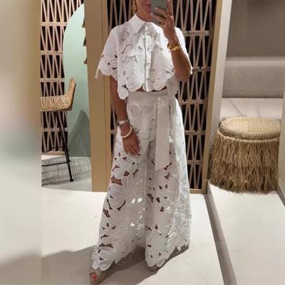 2 Pcs/Set Women Top Pants Suit Hollow Out Flower Applique Turn-down Collar Button-down Short Blouse Wide Leg Trousers Set