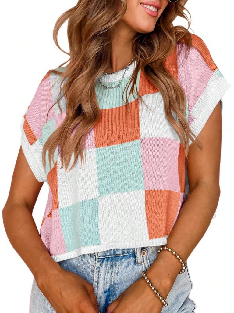 Women's Color Block Cropped Knit Top Cap Sleeve Crew Neck Summer Short Sweater