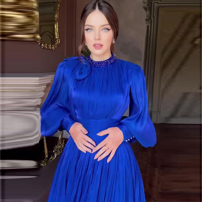 Womens Fashion Evening Dress Slim Waist Long Sleeve A-Line With Rhinestones