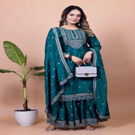 Dark Teal Embroidered Sharara Suit with Dupatta