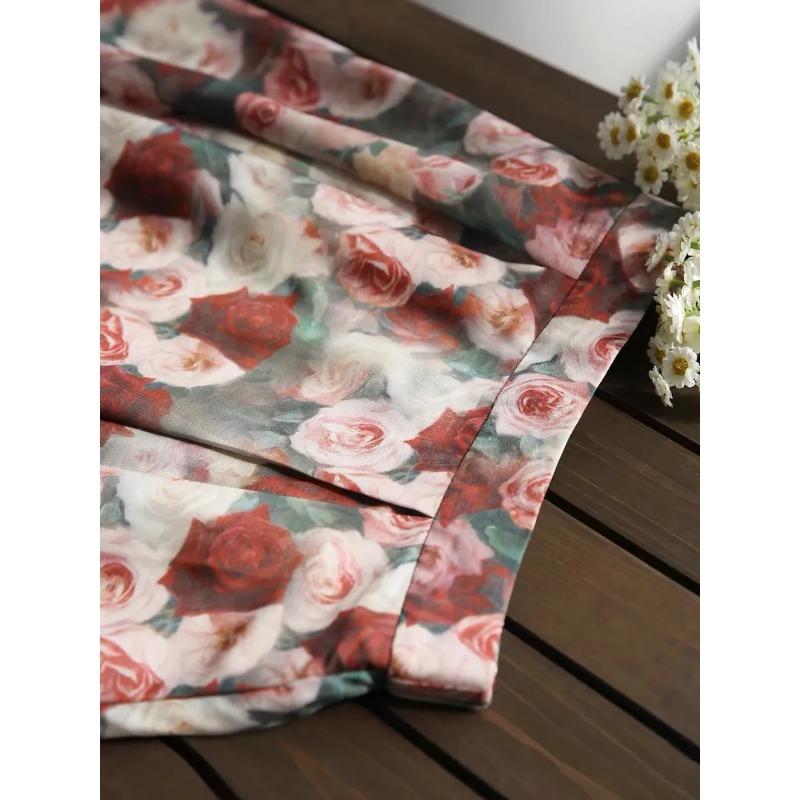 Women's Floral Print Chiffon Midi Skirt High Waist A Line Casual Skirt