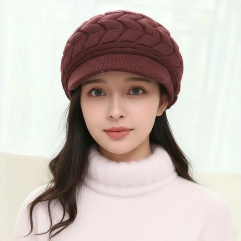 Versatile Solid Color Beret Hat Set for Middle-aged and Elderly Women - Plus Velvet Thick Knit Wool, Autumn/Winter