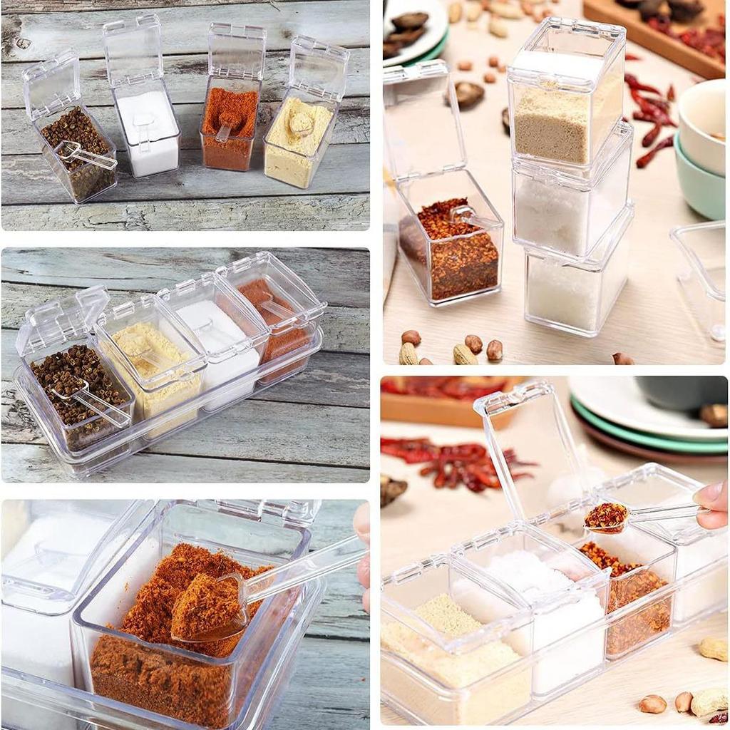 Gewürzaufbewahrungsbox mit vier Fächern und Löffel