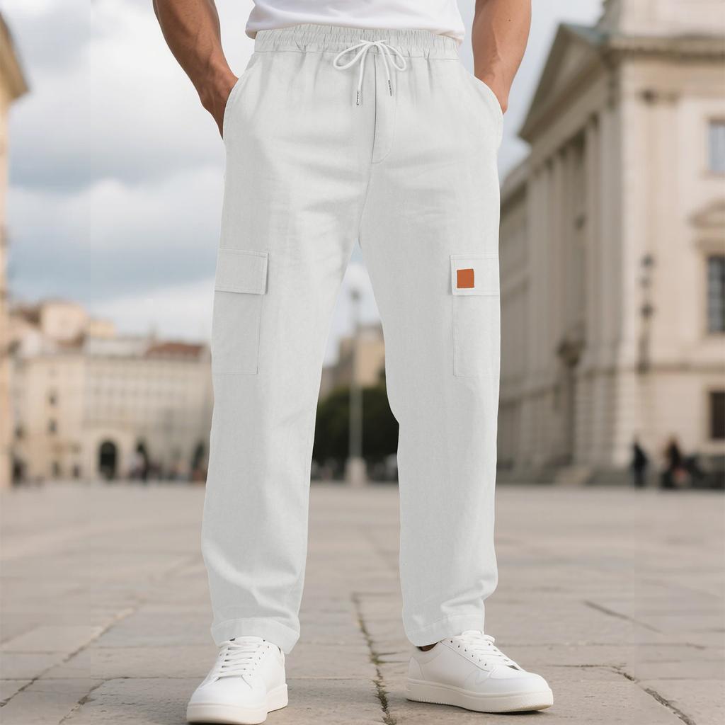 Herren Leinen Cargo Hose Elastischer Kordelzugbund Leichte Sommer Strandhose Einfarbig Lässige Gerade Hose