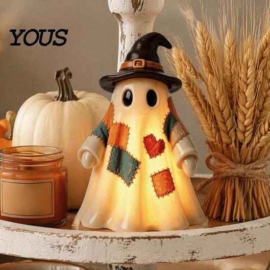 Cute Wizard Hat Desk Decorations Lighted Vintage Patchwork Ghost, LED Light Up Ghost with Pumpkin Lantern, Spooky Small Apartment