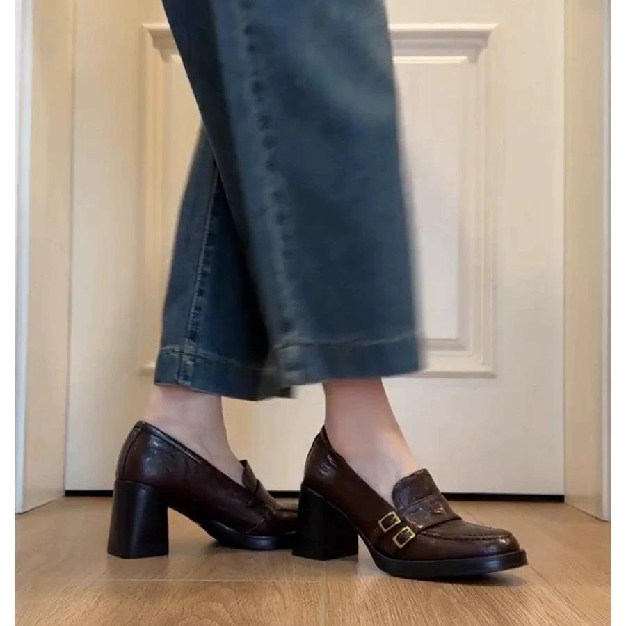 Spot~ Retro Leather Thick Heel Heightened Loafers Women's 2025 New British Style Small Commuter Small Leather Shoes