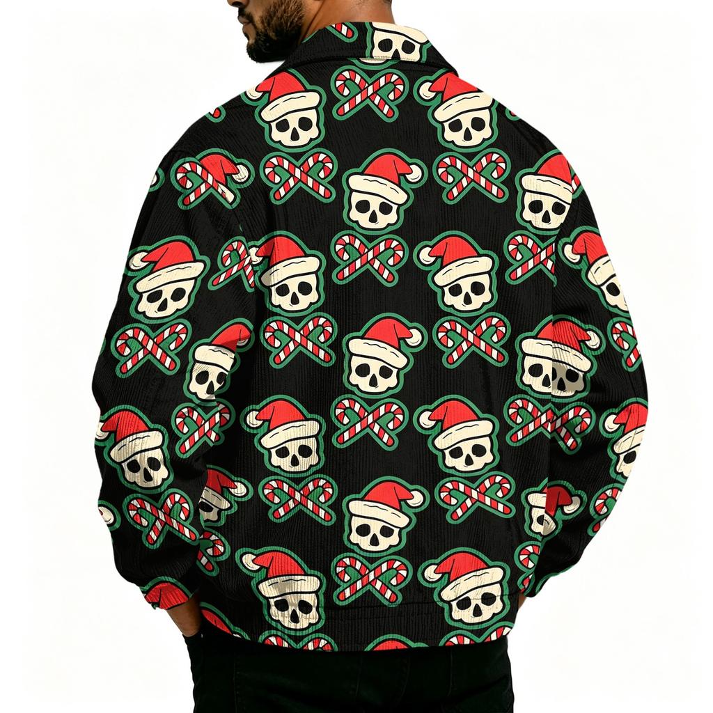 Herren Casual Cordjacke mit Taschen Reißverschluss Langarm Oberbekleidung Weihnachtsdruck