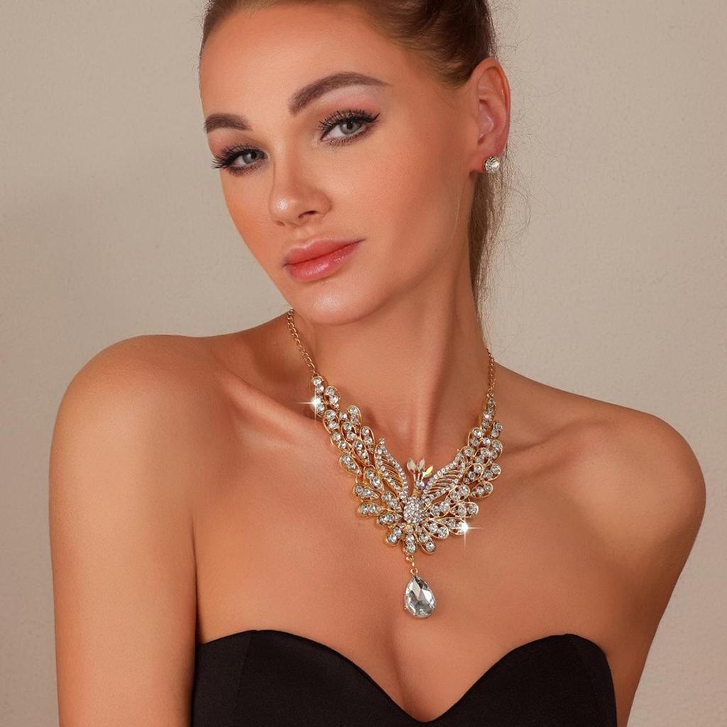Elegant Rhinestone Floral Jewelry Set: European & American Bride Necklace & Earrings for High-End Parties