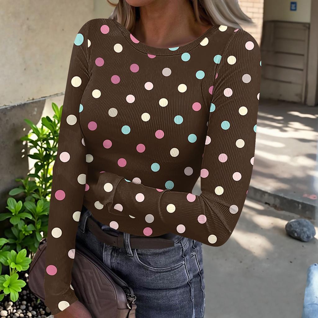 Women's Casual Polka Dot Long Sleeve Top, Round Neck Ribbed Blouse for Daily Wear