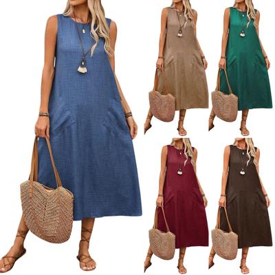 Dámské módní jednobarevné šaty s kulatým výstřihem, stahovací šňůrkou, bez rukávů, s kapsou, ležérní