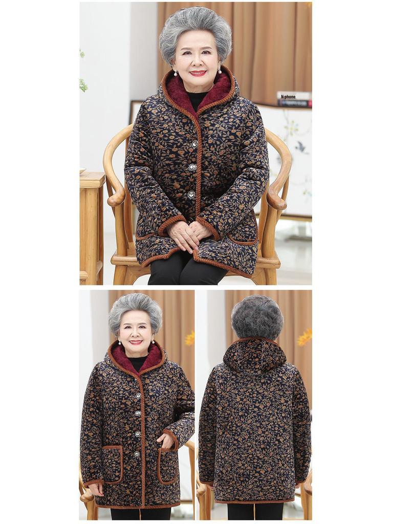 Women's Mid-Length Winter Jacket: Grandma Style, Fleece-Lined, Thickened Cotton for 60s-70s Cold Protection.