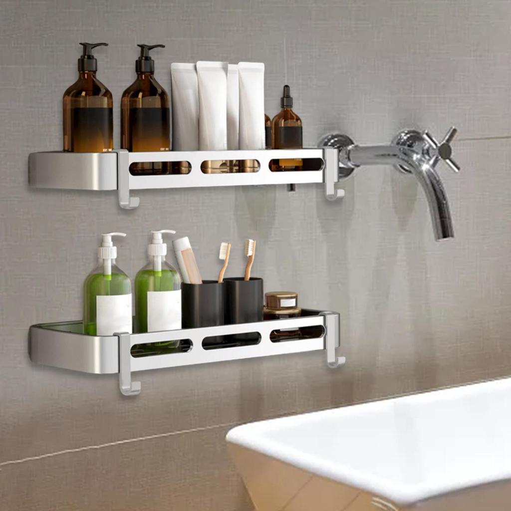 Shower Shelf with Hooks Multipurpose Bathroom for Home Toilet Silver
