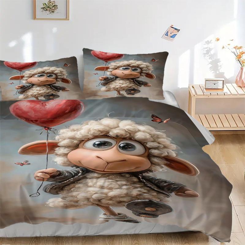 3pcs Anime Sheep Heart Balloon Bedding Set - Includes One Quilt Cover and Two Pillowcases (No Core) - Polyester Fabric, Perfect for Bedroom
