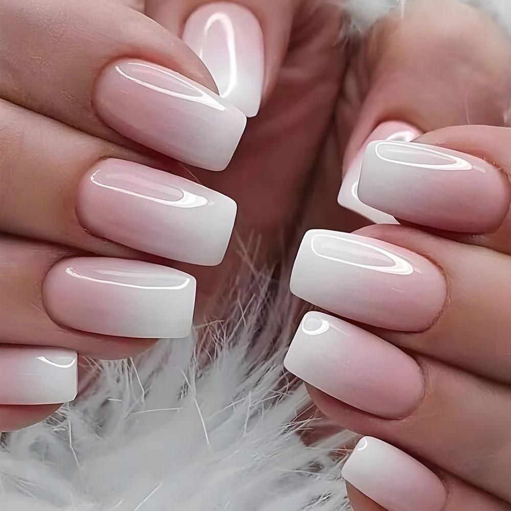 24Pcs Nude White French Fake Nail Short Square Nail Tips Fashion Wearable False Nails with Glue Simple Full Cover Press on Nails